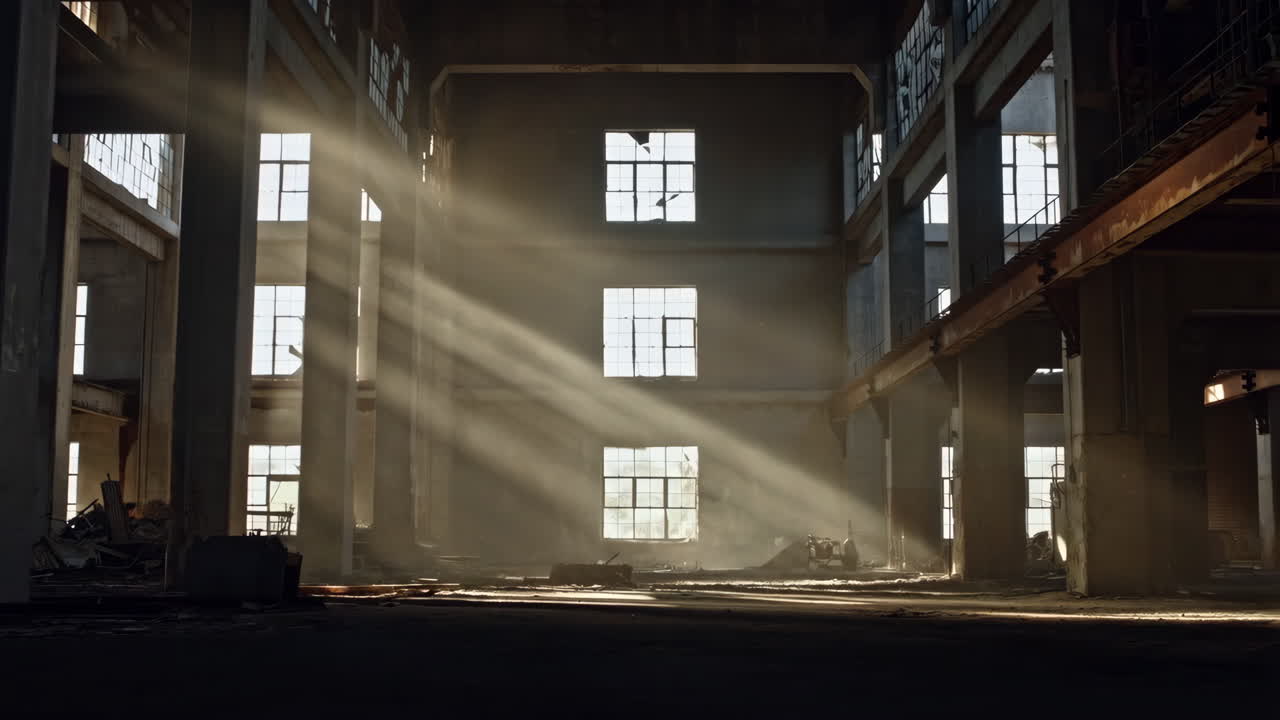Sunlight Piercing Through Dust in Abandoned Industrial Building