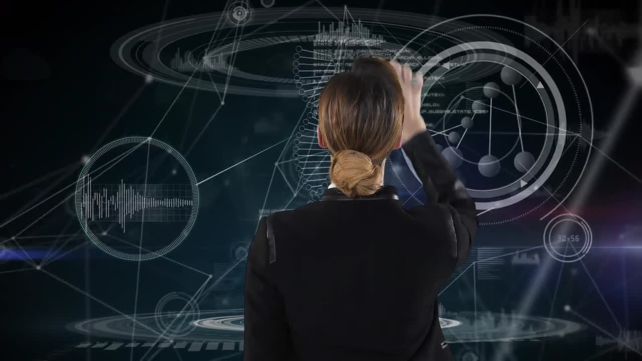 3d 인터랙티브 스크린을 사용하는 백인 여성의 애니메이션