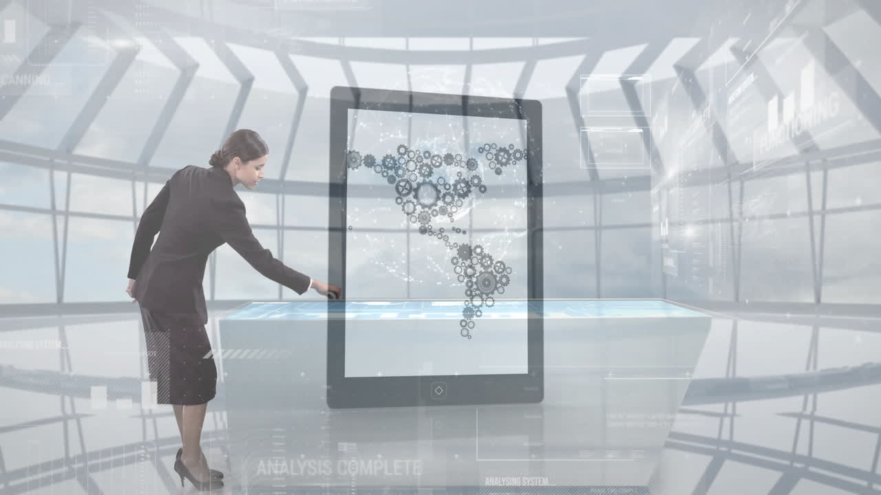 Digital tablet animation, businesswoman analyzing global network gears in futuristic office