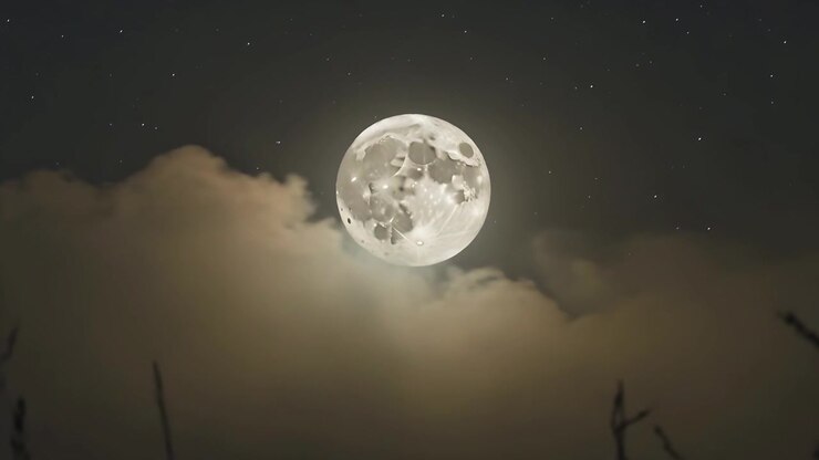 Vento movendo banco de nuvens revelando lua cheia subindo acima do céu estrelado rural, com galhos em silhueta.