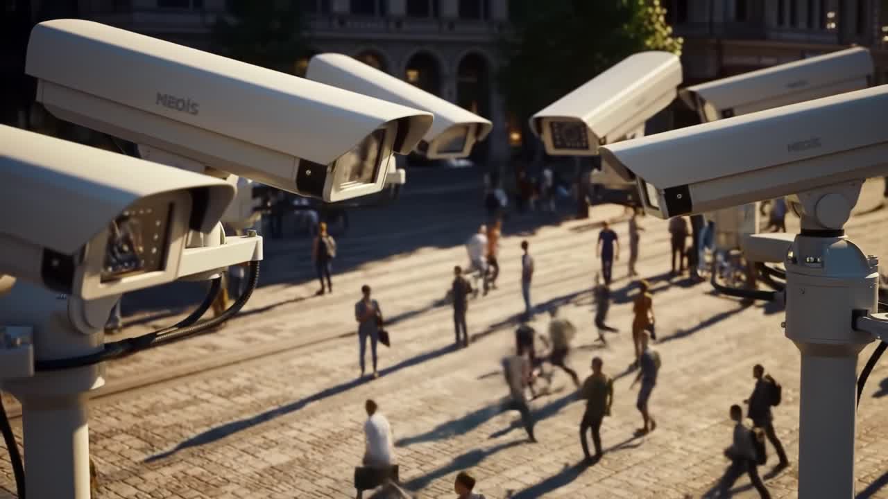 Surveillance Footage Captures an Urban Scene with Multiple Security Cameras Overlooking a Busy Pedestrian Area with People Moving and Engaging