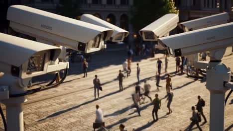 surveillance footage captures an urban scene with multiple security cameras overlooking a busy pedestrian area with people moving and engaging