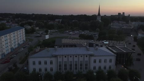 Sunset-drone-view-of-the-city-hall-Rakvere-Estonia-Laane--viru-county