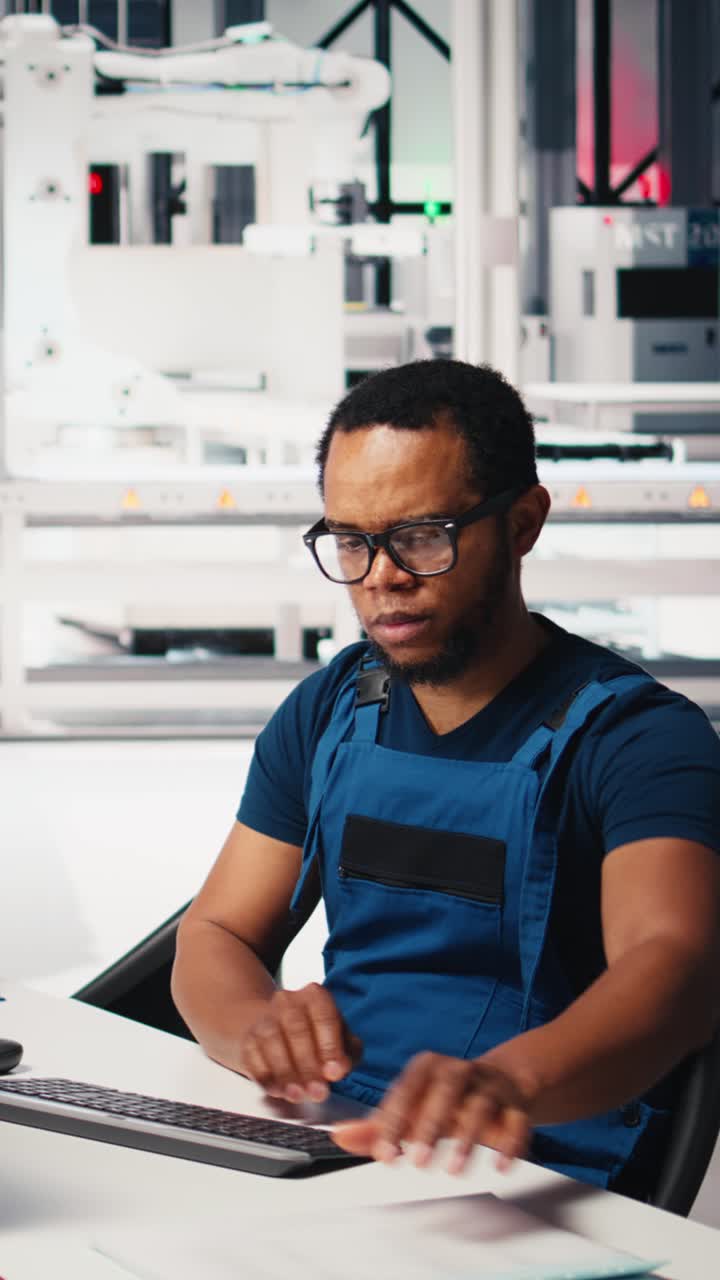 Vertical Video African american engineer manages data from solar machinery on desktop
