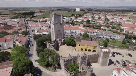 Old-Castle-of-Beja,-town-and-landscape-in-Portugal,-aerial-parallax