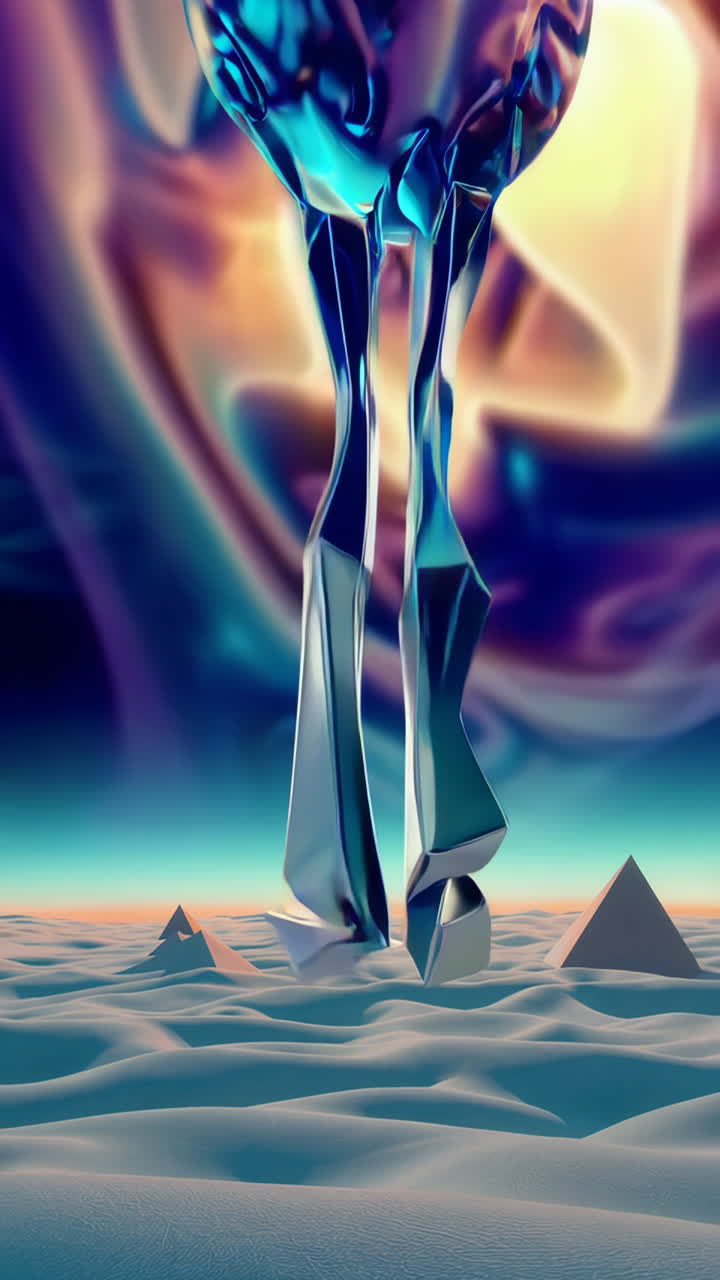 Surreal Desert Landscape with Iridescent Orb and Crystal Structures