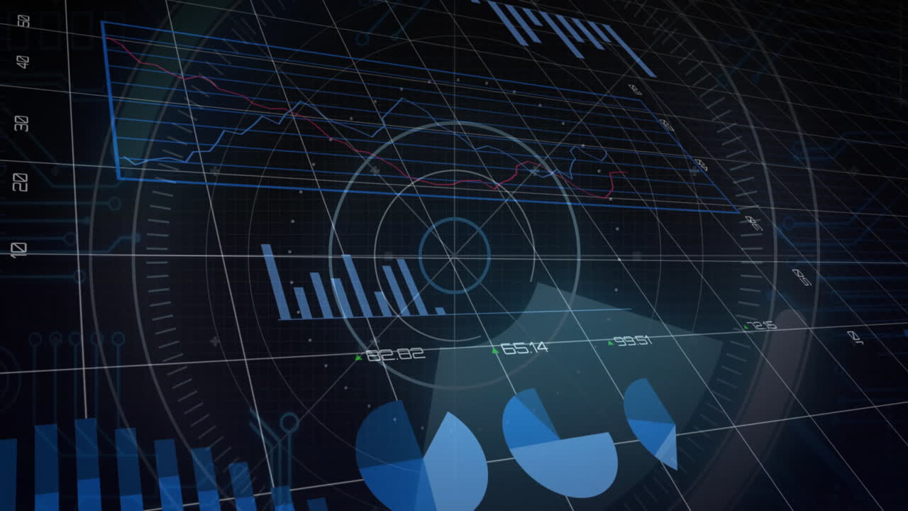 Animation of financial data processing over scope scanning on black background