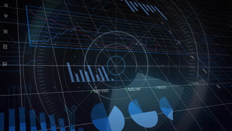 animación del procesamiento de datos financieros sobre el escaneo de alcance sobre fondo negro