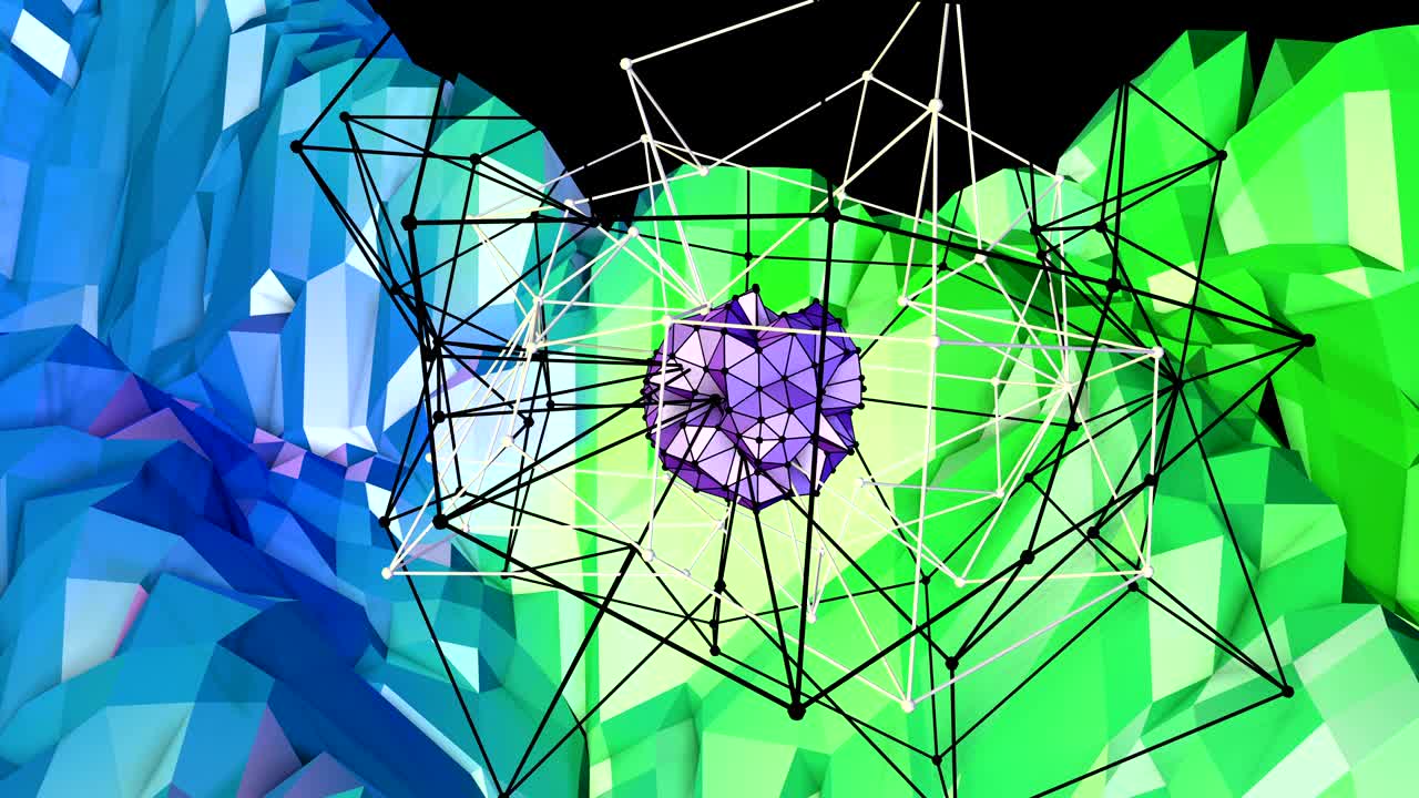 4k animación de fondo de bajo poli en bucle. animación 3d sin costuras como creativo simple de bajo poli fondo. v1 paisaje verde azul con esfera y marco móvil