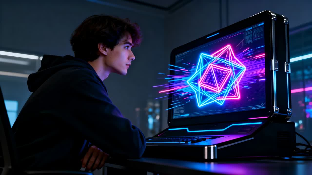 Leaning male student in dark hoodie watching neon monitor animation at tech desk, drawing attention