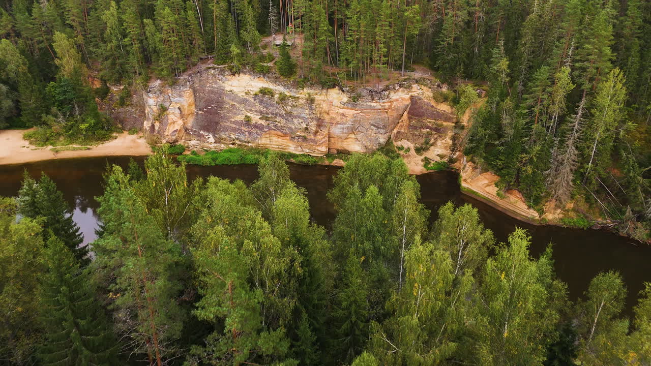 Ergelu klintis and green forest in Latvia, fly backward view