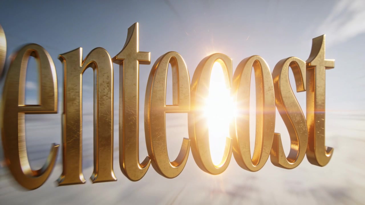 Panning cam sliding gold title Pentecost into sun alignment over clouds creating lens flare reveal