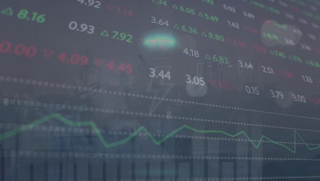 Animation-of-thunder-symbol-in-circle-over-graphs,-trading-board-and-modern-city-against-sky