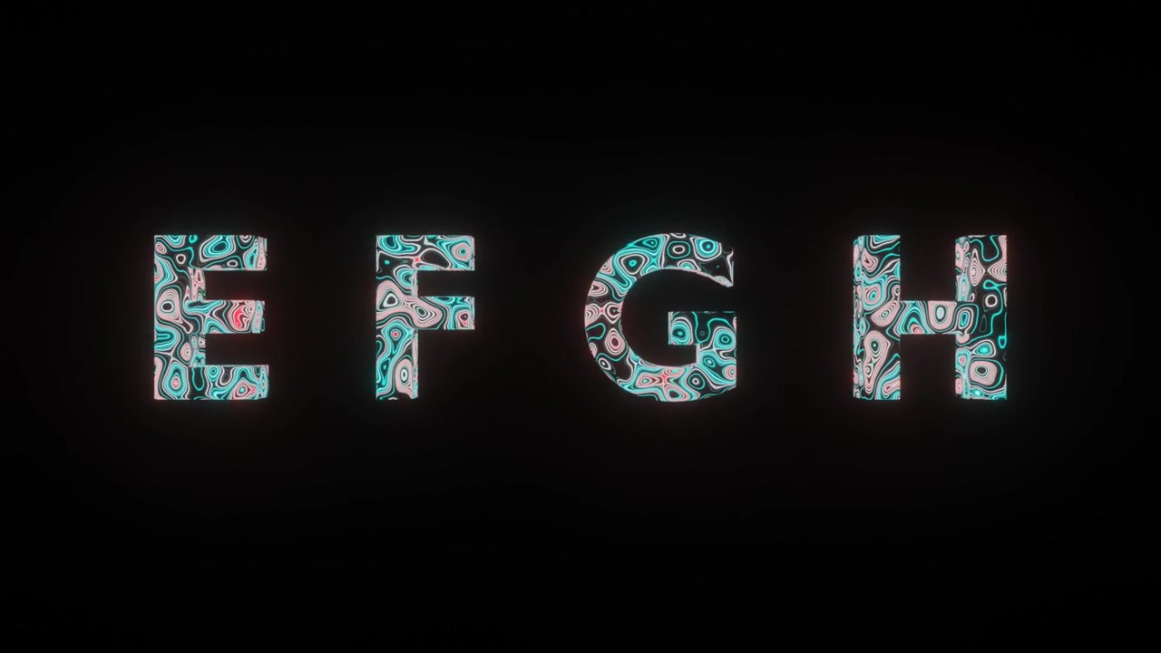4K videoanimation af smuk tekstur- eller mønsterdannelse på teksten E F G H, isoleret på sort baggrund. 3D rendering abstrakt loop-animation med neon lyseffekt på teksten E F G H.