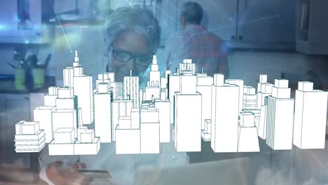 animación de d red de conexiones y mujer mayor usando teléfono inteligente sobre dibujo de paisaje urbano en 3d