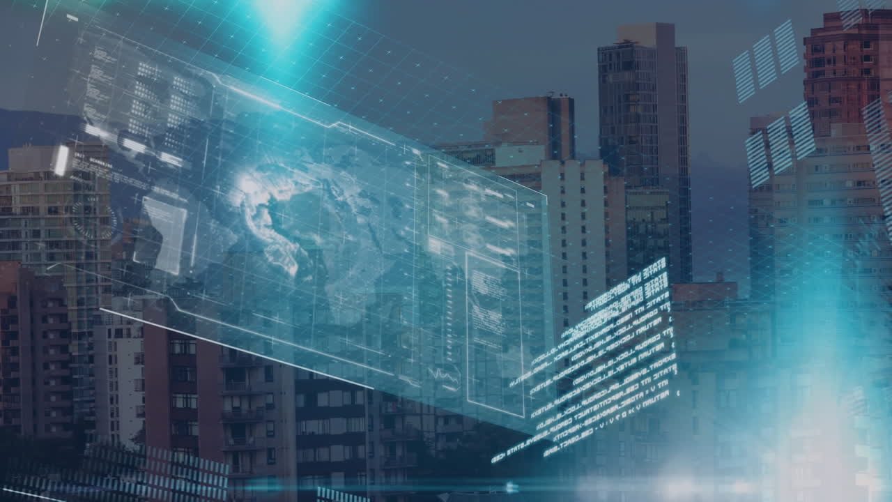 Animation der Datenverarbeitung über dem Stadtbild