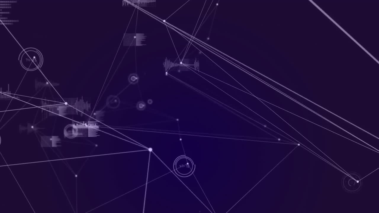 Network connections and data visualization animation over dark purple background