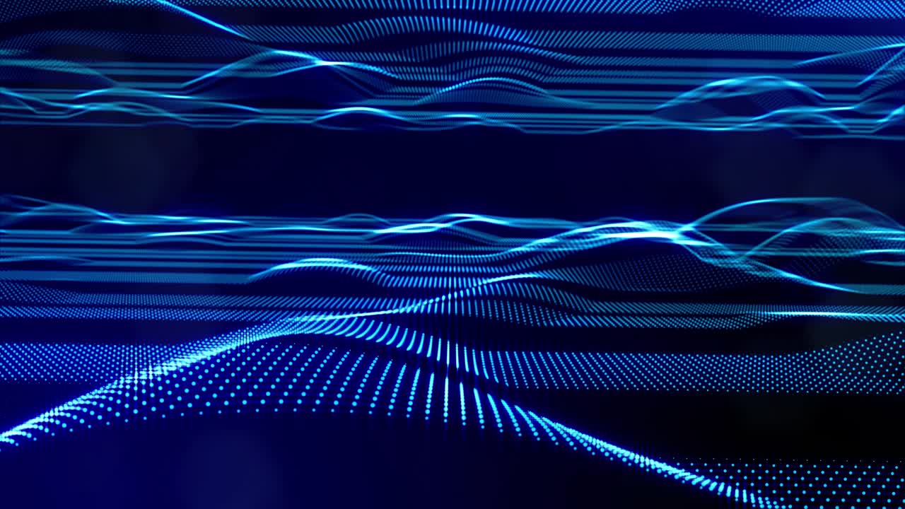 blue high tech bg with glow particles form complex stripe structure. 3d looped sci-fi bg digital space, particles form lines and surface waves. Concept of hi-tech information flow, blockchain. DOF