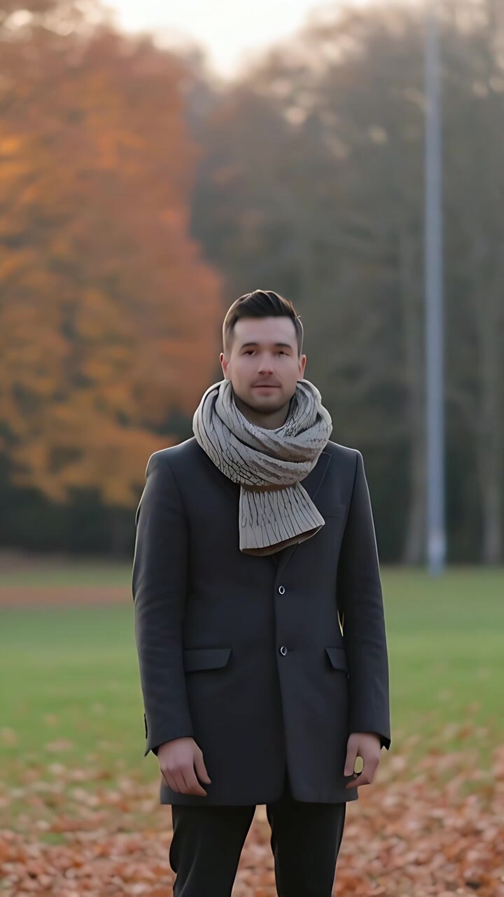Vertikal video: Stående mann rolig mens kamera trekker seg tilbake og viser frakk, skjerf og blader i parken.