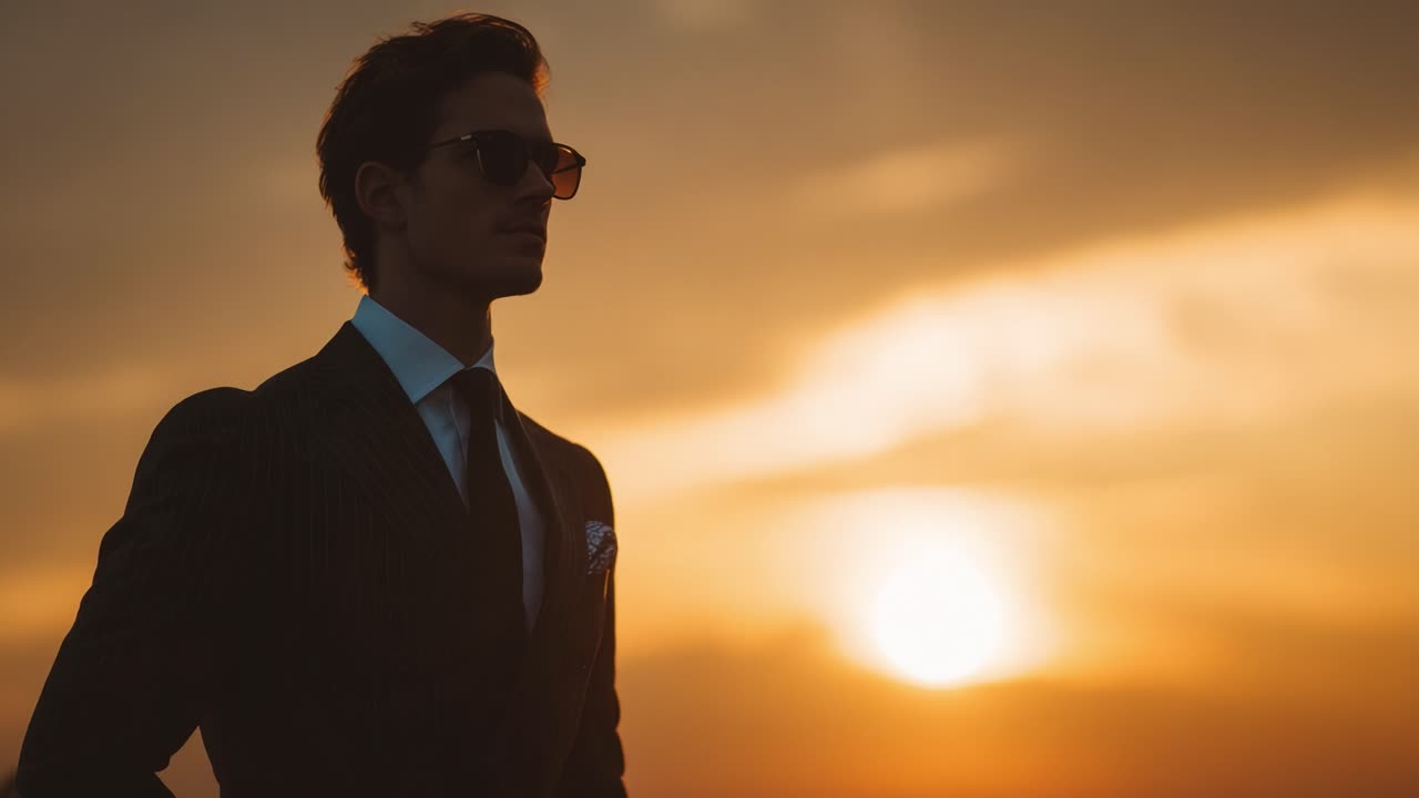 Stylish Man Silhouetted Against a Vibrant Sunset Sky, Exuding Confidence and Elegance While Watching the Horizon's Glow