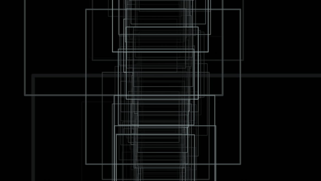 animación de cuadrados transparentes de diferentes tamaños sobre un fondo negro volando hacia la cámara