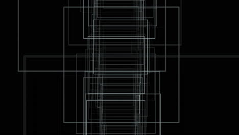 Animation-Transparenter-Quadrate-Unterschiedlicher-Größe-Auf-Schwarzem-Hintergrund,-Die-Auf-Die-Kamera-Zufliegen