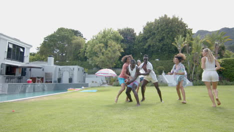 diverse friends enjoy a lively game outdoors, with copy space