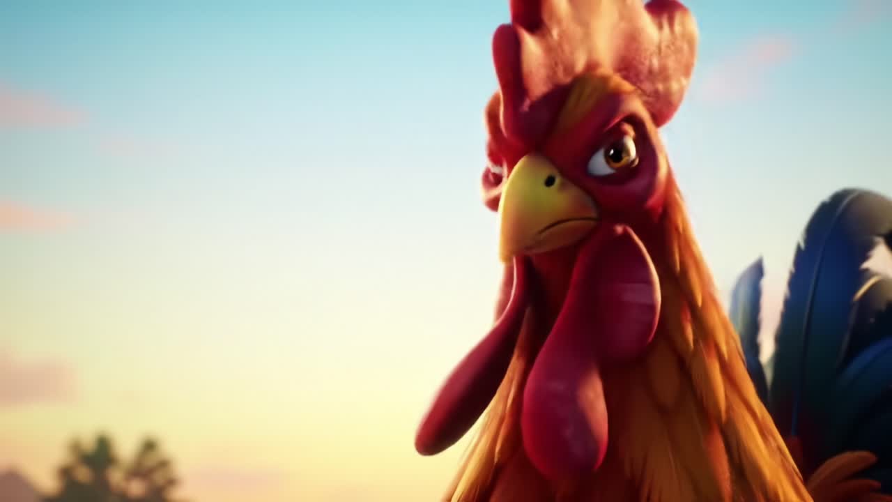 A Vivid Close-up of a Colorful Rooster, Showcasing Its Detail and Character Against a Beautiful Sunset Background, Perfect for Animal Lovers and Animation Enthusiasts