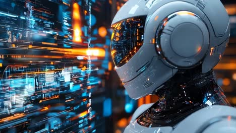 un robot de pie frente a una pantalla de computadora
