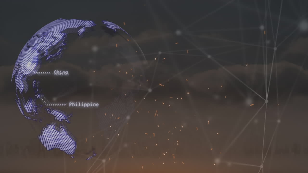 데이터 처리 및 연결 네트워크와 함께 화면에 디지털 인터페이스를 재생하는 애니메이션