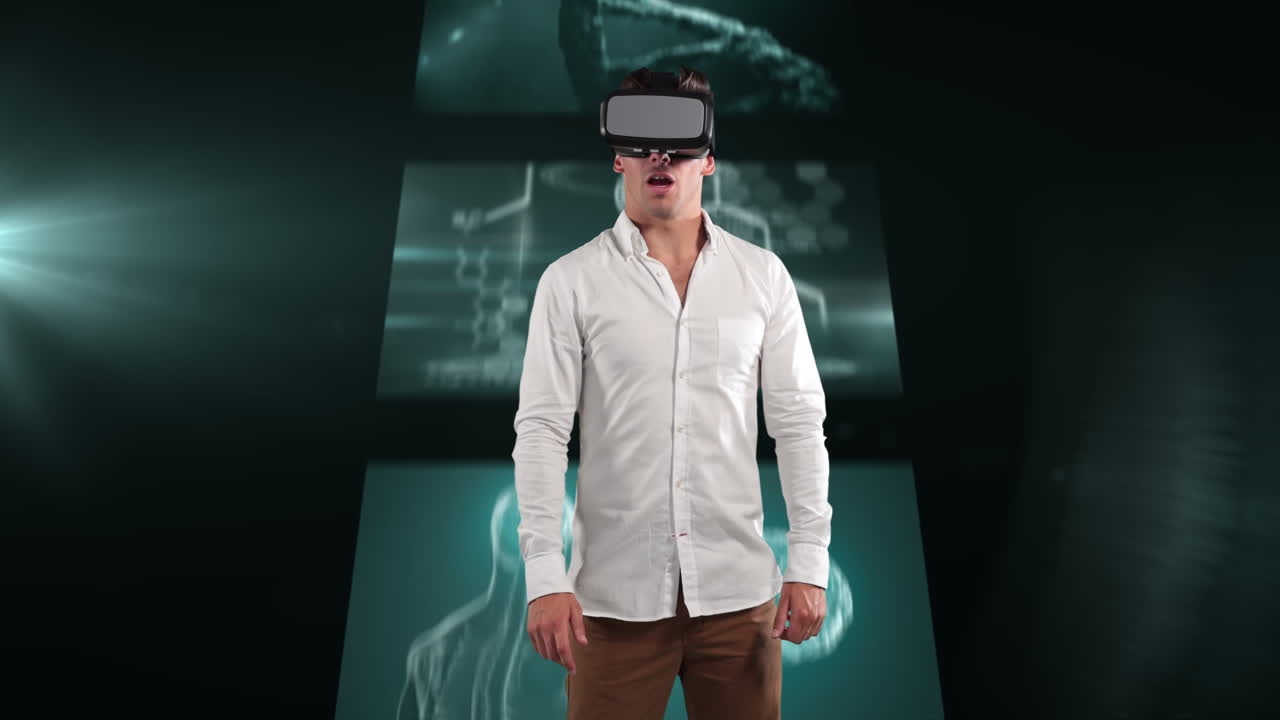 Animation of businessman wearing vr headset over screens with medical data processing