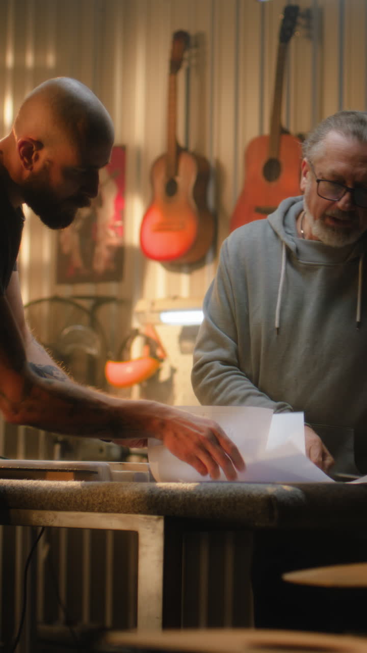 Two Men Collaborating on Guitar Repair in a Workshop