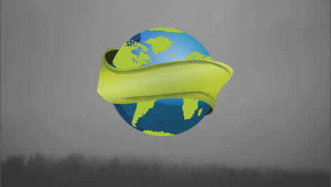 animation of globe with banner rotating over landscape