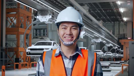 primer plano de un ingeniero asiático con casco de seguridad sonriendo a la cámara mientras está de pie en una fábrica de automóviles ev