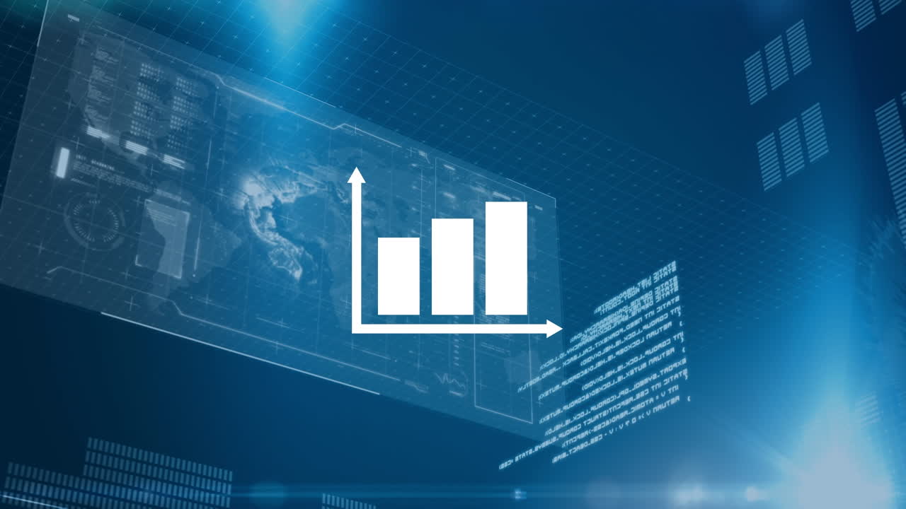 Animation of graph and data processing on screens over blue background