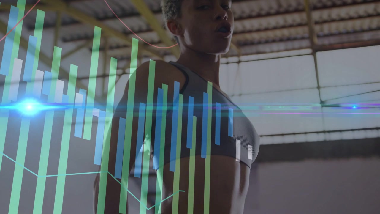 Vertical video: Camera revealing female boxer in gym, HUD charts sliding over torso tracking stats