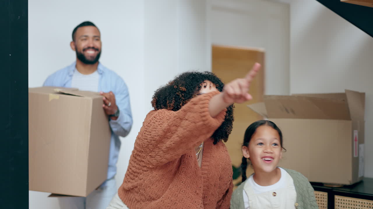Happy family, box and moving in new home for real