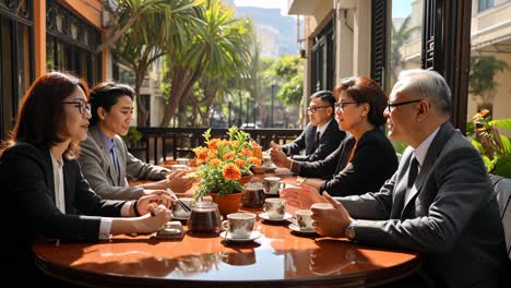 business meeting over coffee at a terrace restaurant during daytime