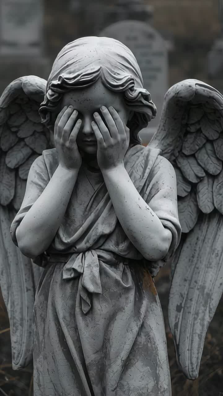 Video verticale: carrellata che mostra un angelo di pietra che si nasconde il volto in un cimitero con veste, sciarpa, tombe