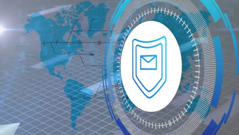 animación del procesamiento de datos con el icono del escudo sobre fondo azul