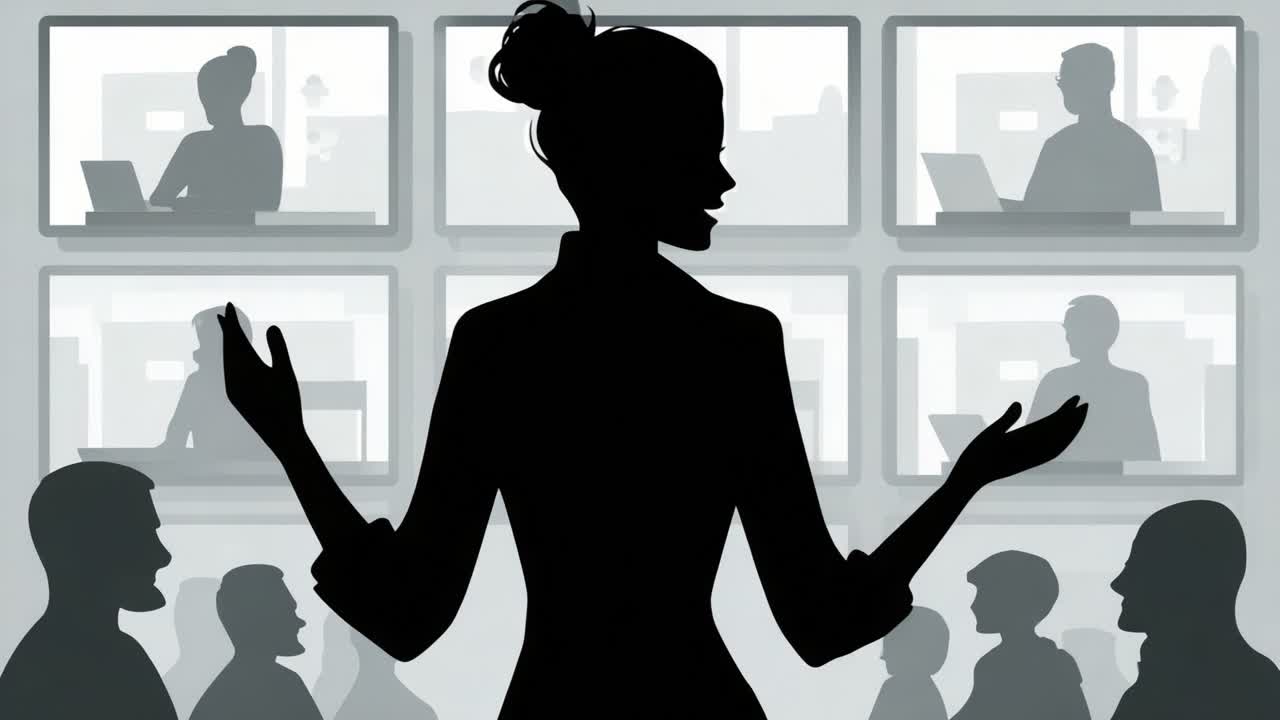 Engaging Online Collaboration: A Silhouette of a Speaker Addressing a Virtual Audience Amidst Multiple Screens in a Modern Work Environment