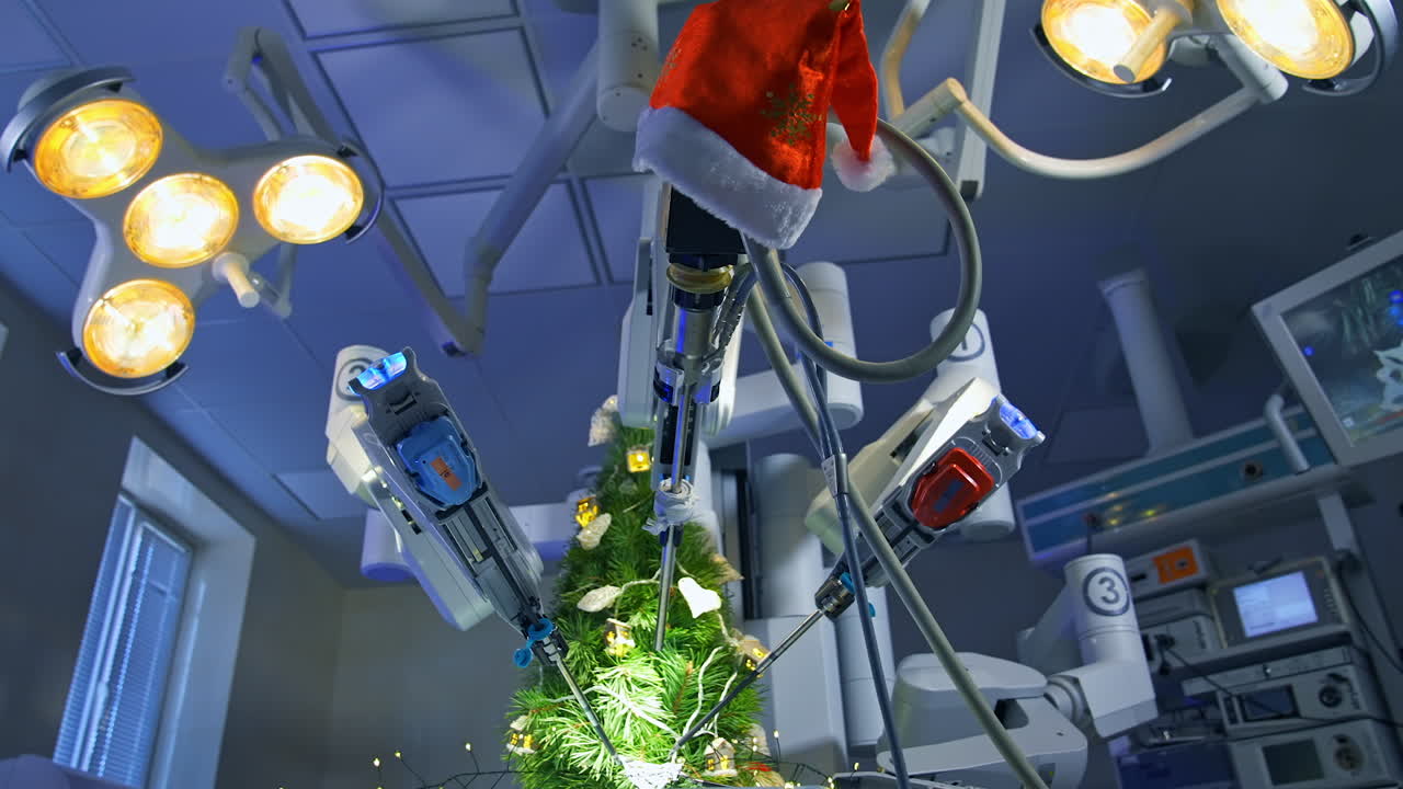 Gaze at the precise work of the Da Vinci system while decorating the fur-tree. Hi-tech robotic system in the modern surgery room. View from below.