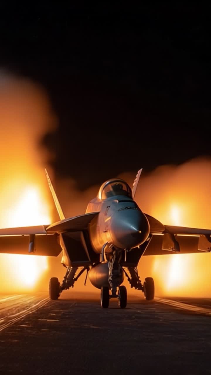 Impressionante lancio notturno di un jet da combattimento con uno spettacolo pirotecnico esplosivo: una splendida immagine della potenza e precisione dell'aviazione nei cieli scuri