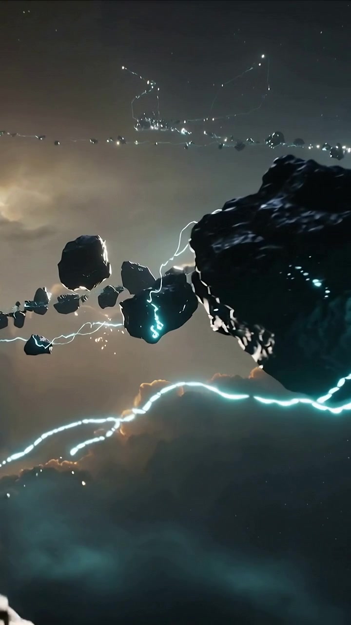 Video verticale: Asteroide alla deriva con crepe ciano che ruota sopra nuvole illuminate, archi che causano uno spostamento