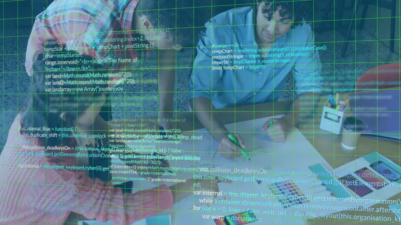 Collaborating on project, people in school with programming code animation overlay