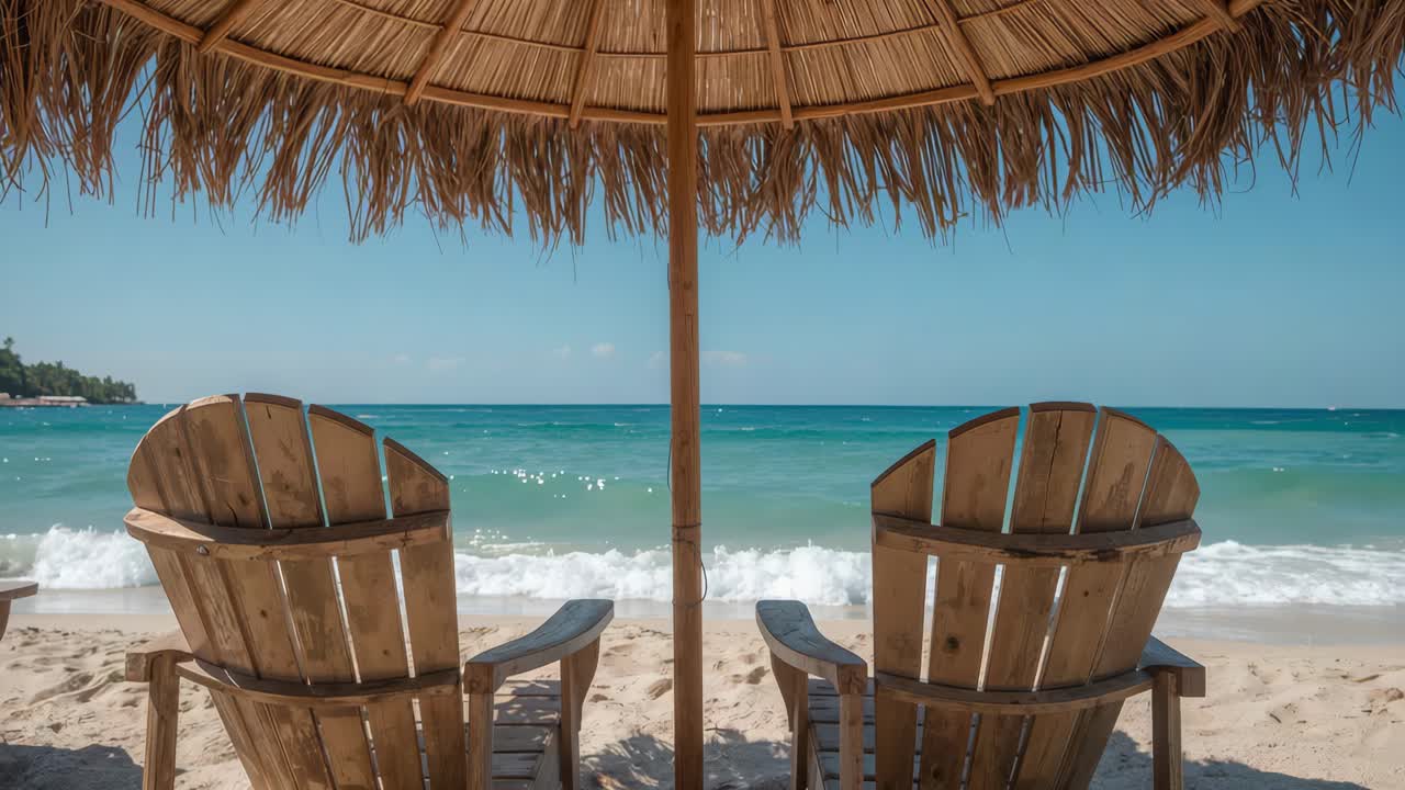 Beach Chairs Under Umbrella on Tropical Beach