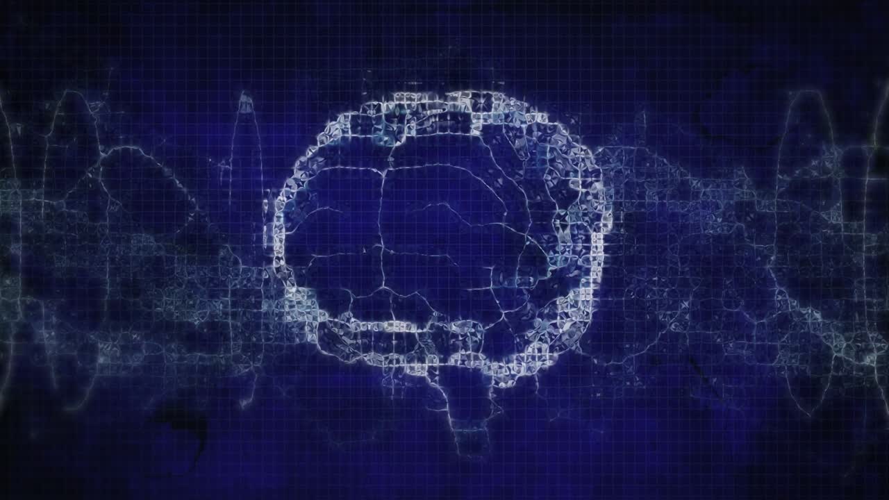 Animation of white shapes over digital brain and dna strand on black background