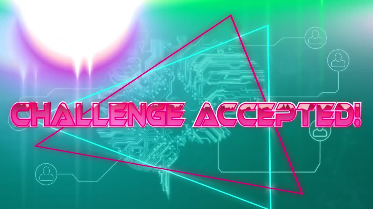 초록색 컴퓨터 메인보드에 네온 라인을 통해 분홍색 금속 텍스트 도전의 애니메이션이 받아들여졌습니다.