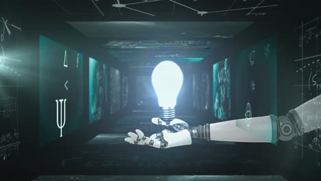 Animation-of-glowing-light-bulb-over-robot's-arm-and-data-processing-on-screens