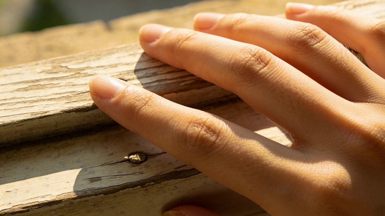 Sliding right hand fingers along sunlit porch railing, sunlight nudging slow shift to knot with sap